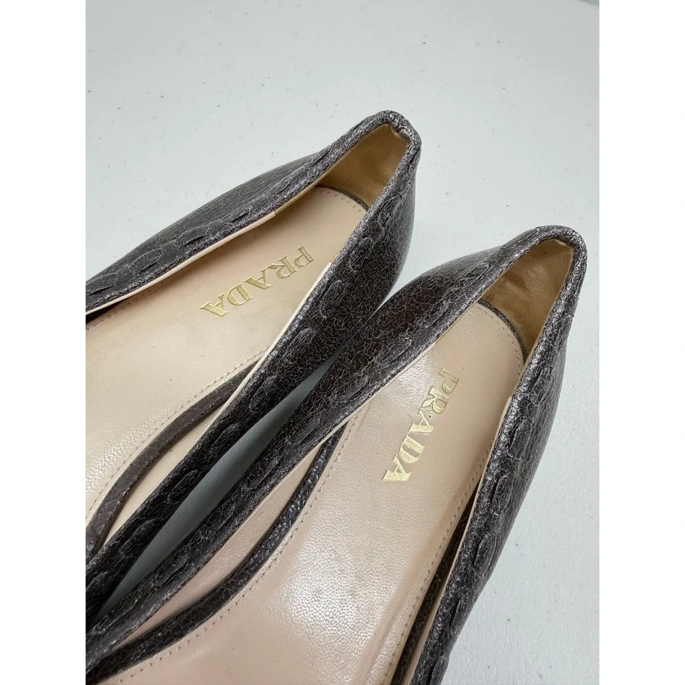 Prada Brown Distressed Cracked Leather Bow Brogue Ballet Flats Italy 39 9